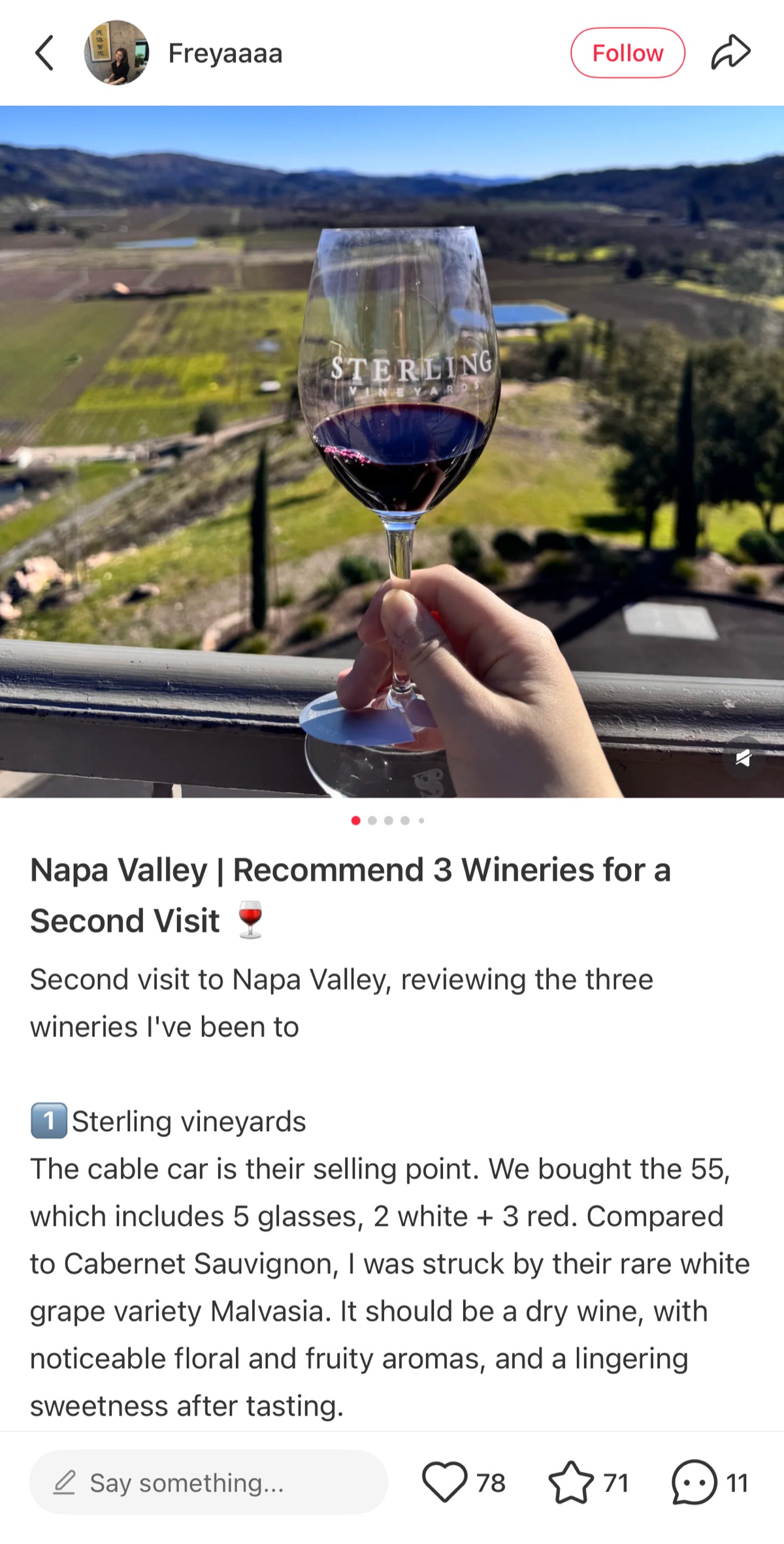 RedNote post recommending Sterling Vineyards