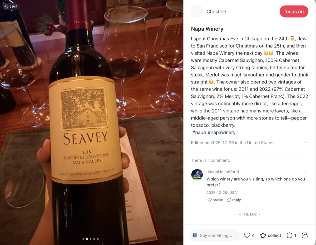 Napa Valley search results on RedNote